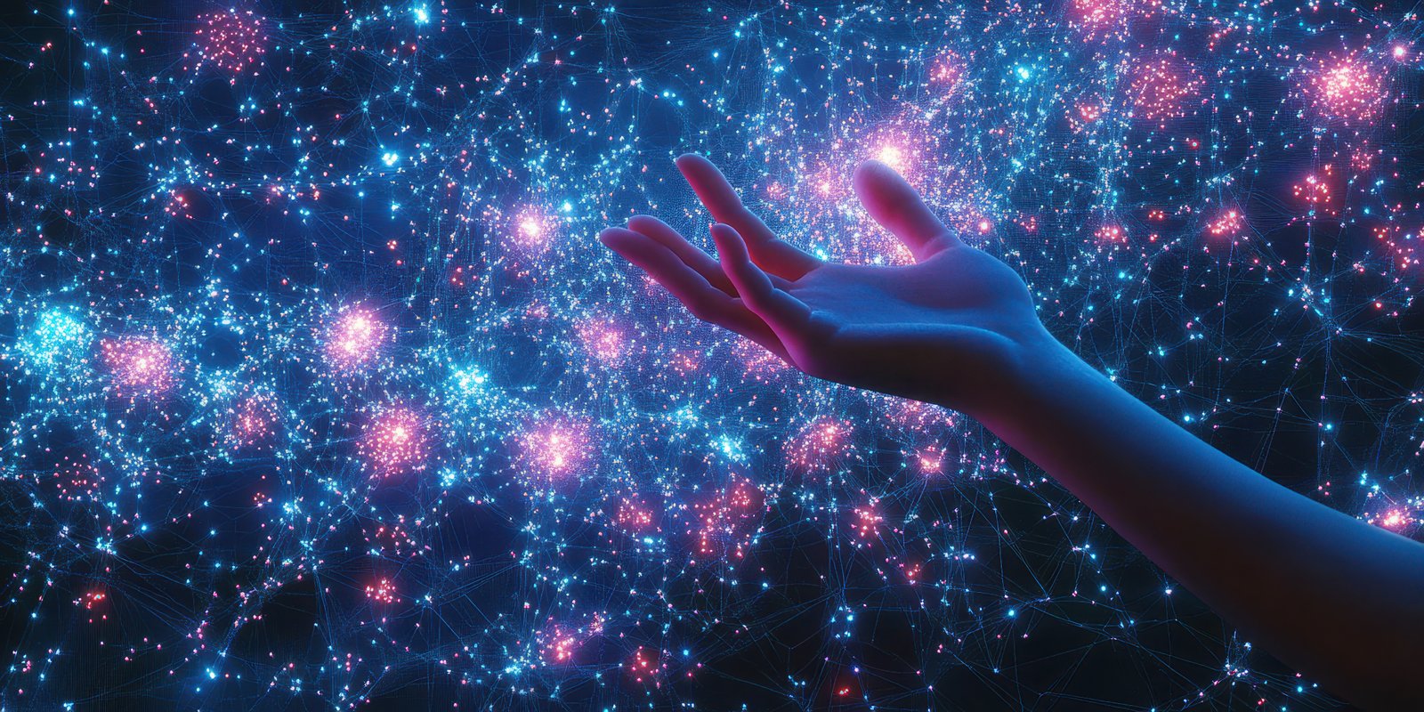 Hand reaching towards a vibrant cosmic network with sparkling stars and bright connections